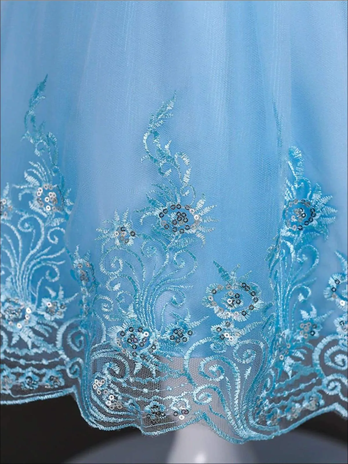 Girls Sleeveless Faux Crystal Neckline Sequin And Lace Embroidery Dress