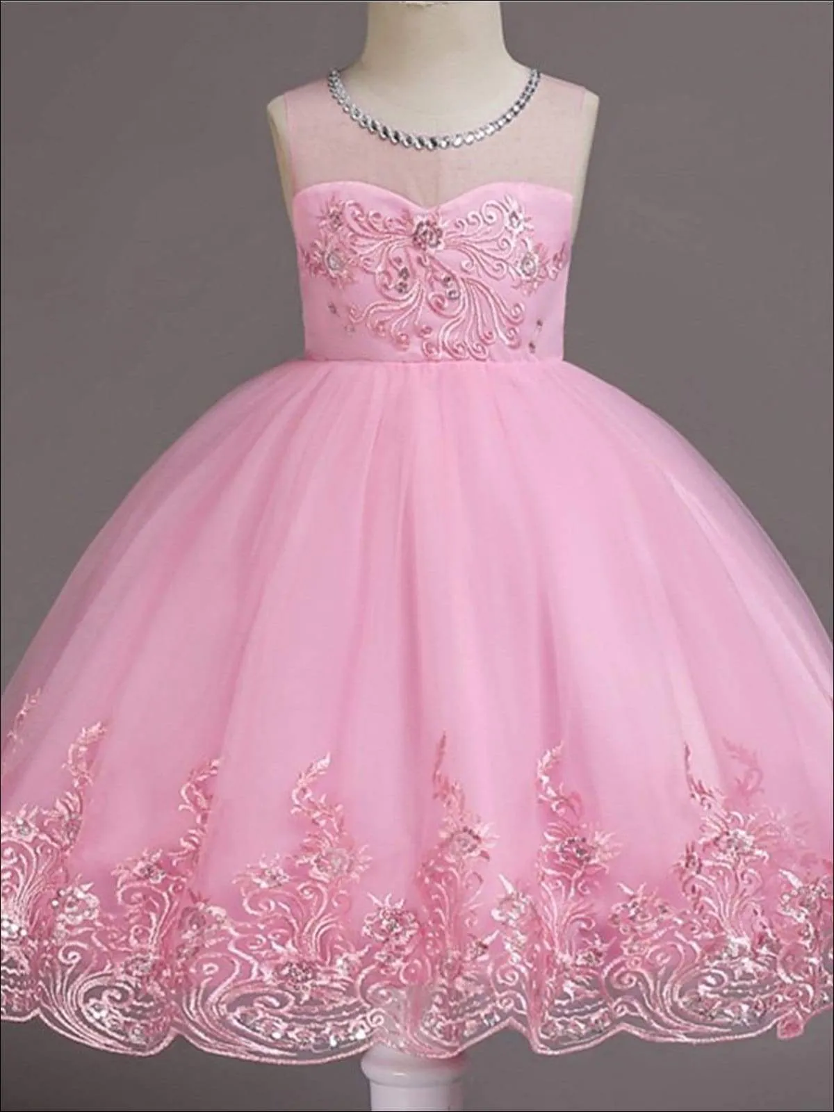Girls Sleeveless Faux Crystal Neckline Sequin And Lace Embroidery Dress