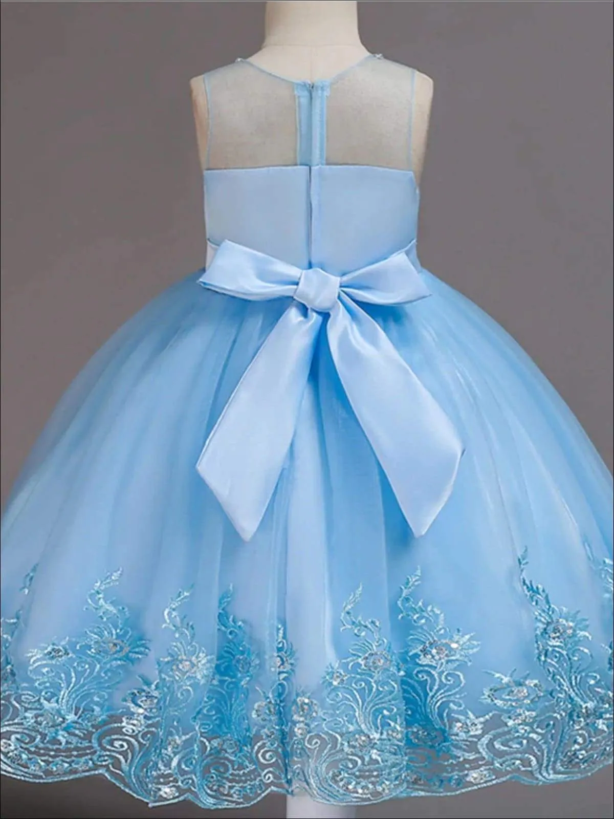 Girls Sleeveless Faux Crystal Neckline Sequin And Lace Embroidery Dress