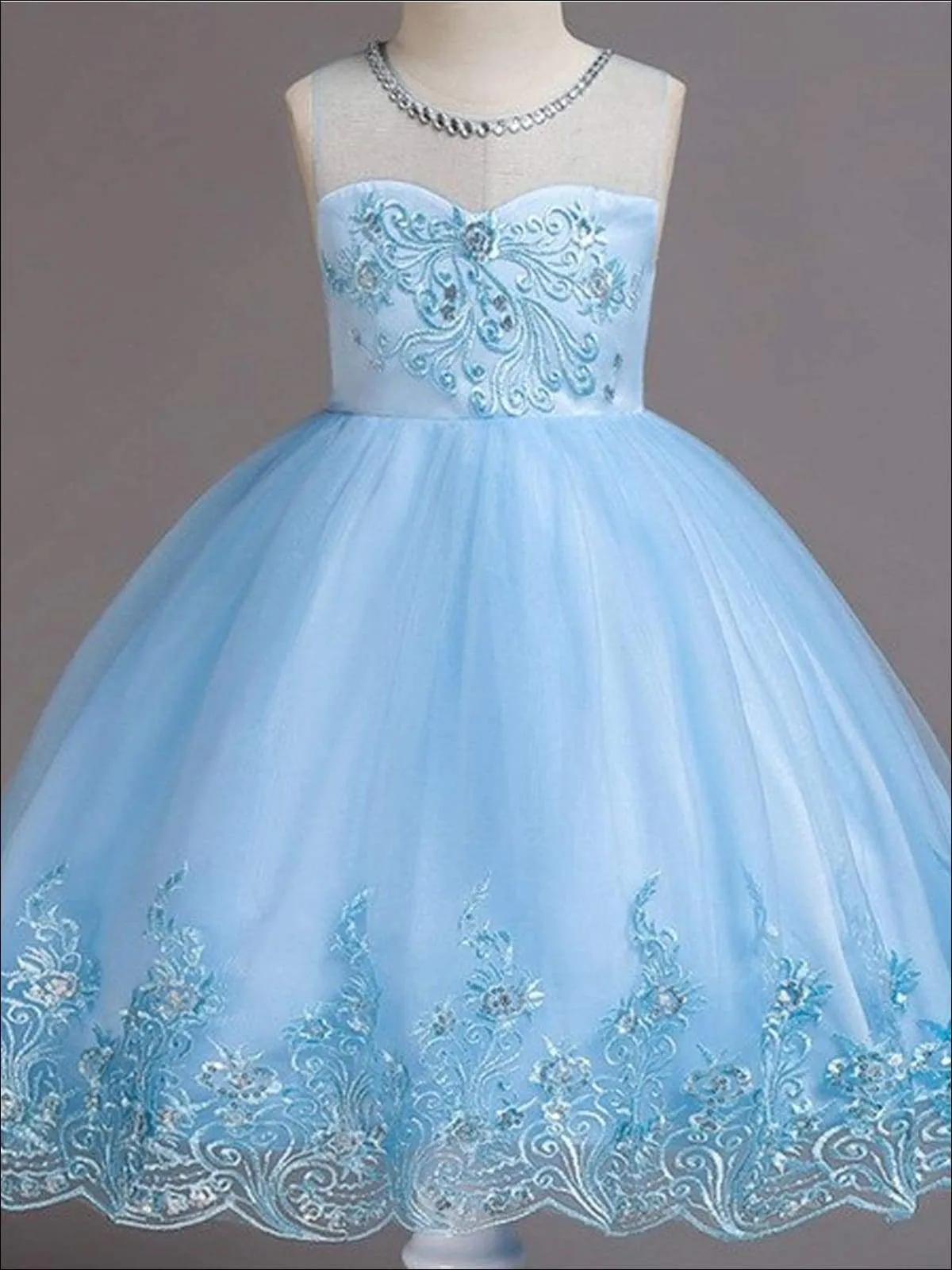 Girls Sleeveless Faux Crystal Neckline Sequin And Lace Embroidery Dress