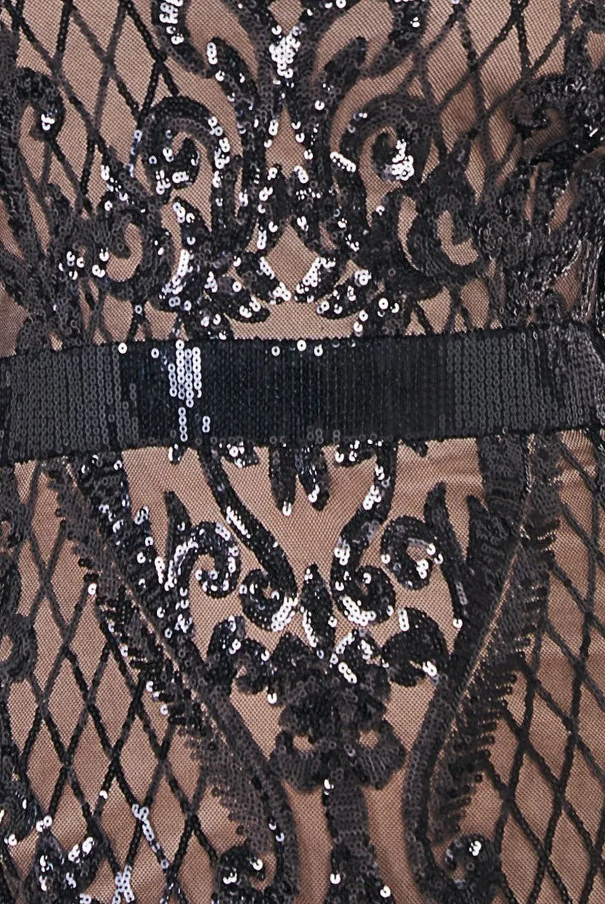 Goddiva Sequin Square Neck Maxi With Scallop Hem - Black