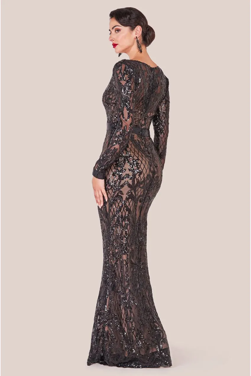 Goddiva Sequin Square Neck Maxi With Scallop Hem - Black