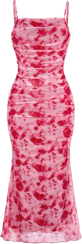 GORGLITTER Women's Floral Ruched Bodycon Midi Dress Mesh Sleeveless Fishtail Cami Dresses