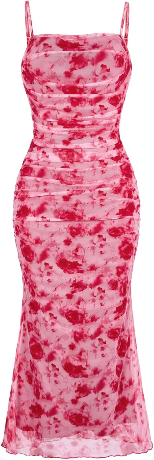 GORGLITTER Women's Floral Ruched Bodycon Midi Dress Mesh Sleeveless Fishtail Cami Dresses