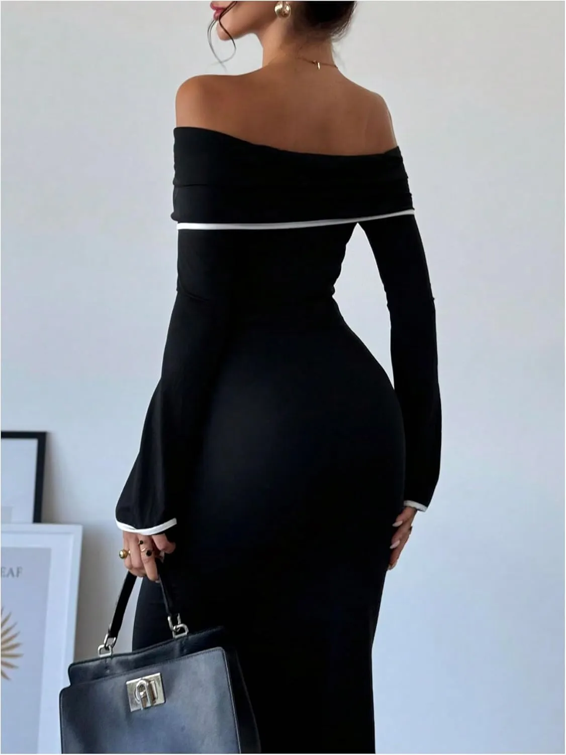 GORGLITTER Women's Off The Shoulder Bell Sleeve Bodycon Maxi Dress Birthday Cocktail Dinner Fishtail Long Dress