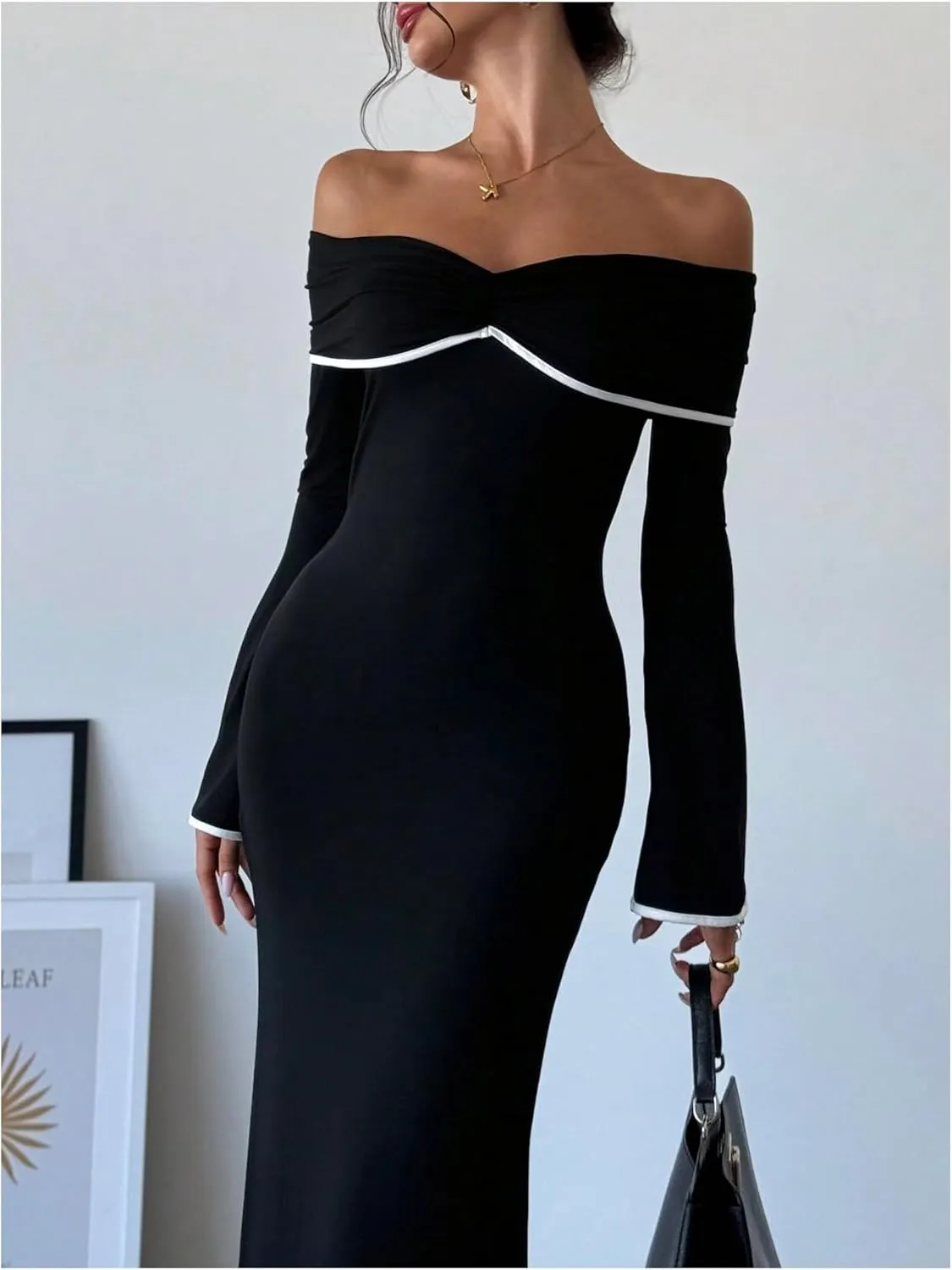 GORGLITTER Women's Off The Shoulder Bell Sleeve Bodycon Maxi Dress Birthday Cocktail Dinner Fishtail Long Dress