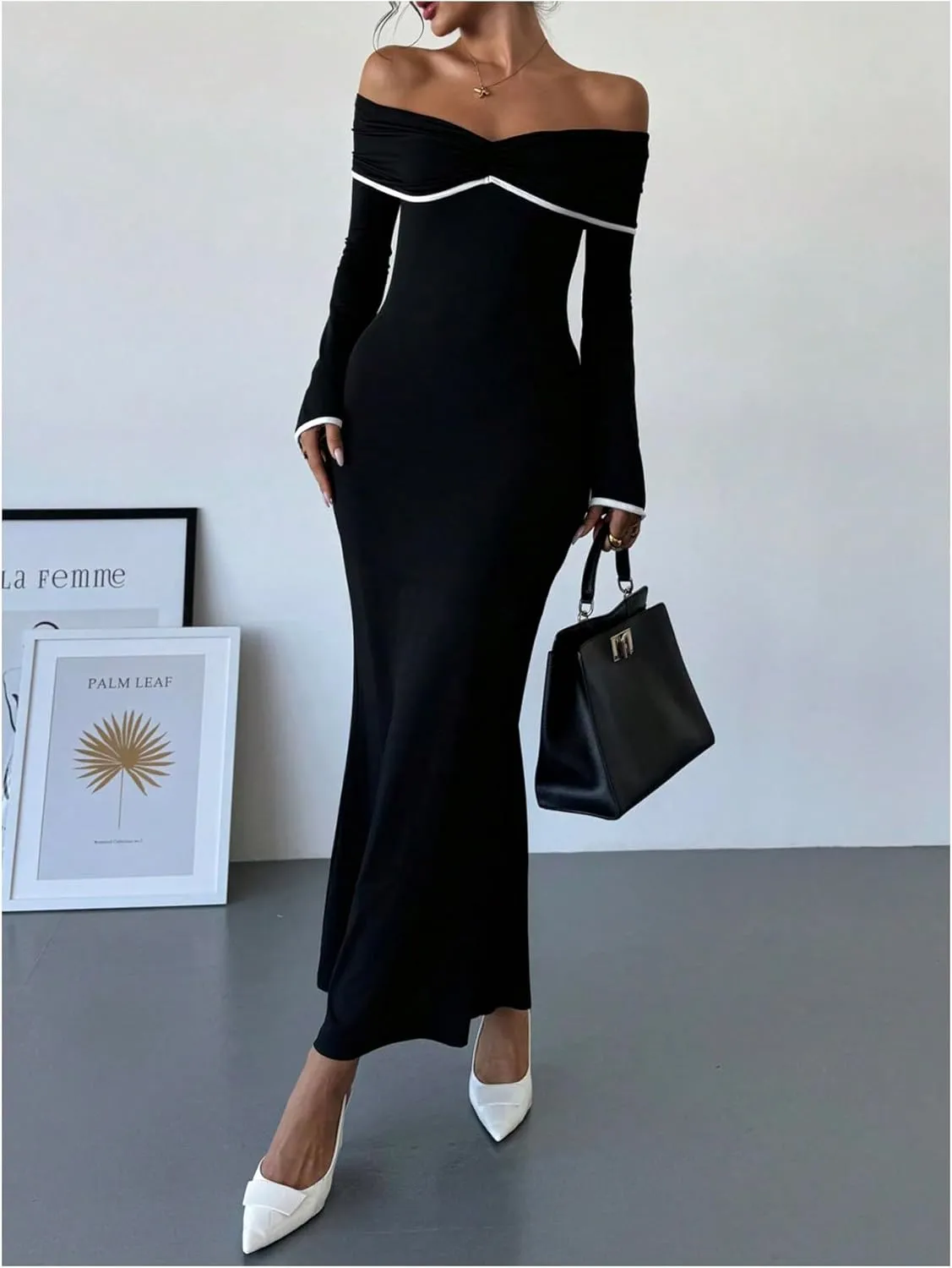GORGLITTER Women's Off The Shoulder Bell Sleeve Bodycon Maxi Dress Birthday Cocktail Dinner Fishtail Long Dress