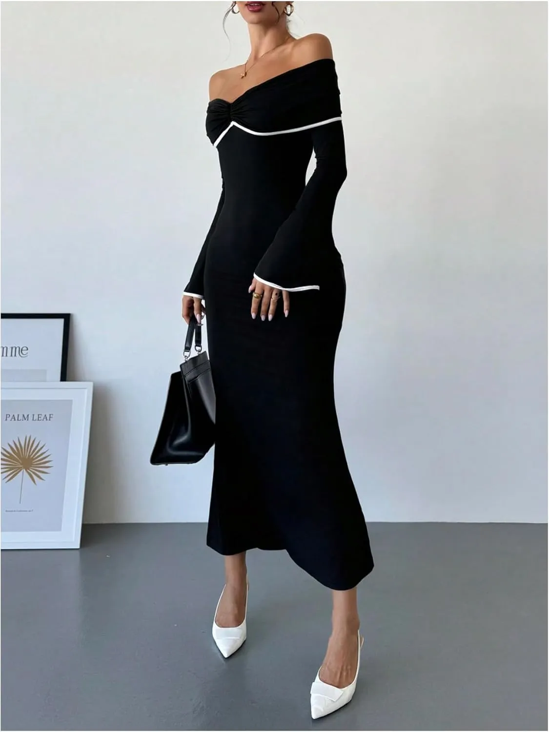 GORGLITTER Women's Off The Shoulder Bell Sleeve Bodycon Maxi Dress Birthday Cocktail Dinner Fishtail Long Dress