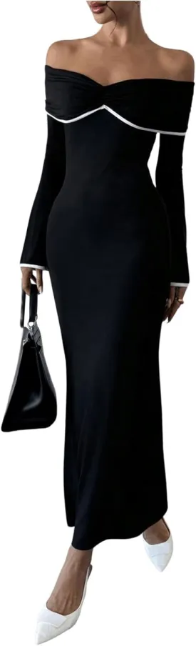 GORGLITTER Women's Off The Shoulder Bell Sleeve Bodycon Maxi Dress Birthday Cocktail Dinner Fishtail Long Dress