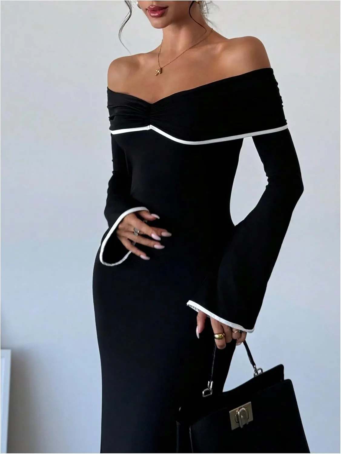 GORGLITTER Women's Off The Shoulder Bell Sleeve Bodycon Maxi Dress Birthday Cocktail Dinner Fishtail Long Dress