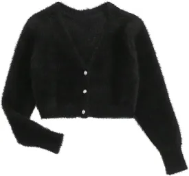 GORGLITTER Women's Open Front Cardigan Fuzzy Pearl Button Up Long Sleeve Crop Sweater Jackets Chunky Knit Cardigan