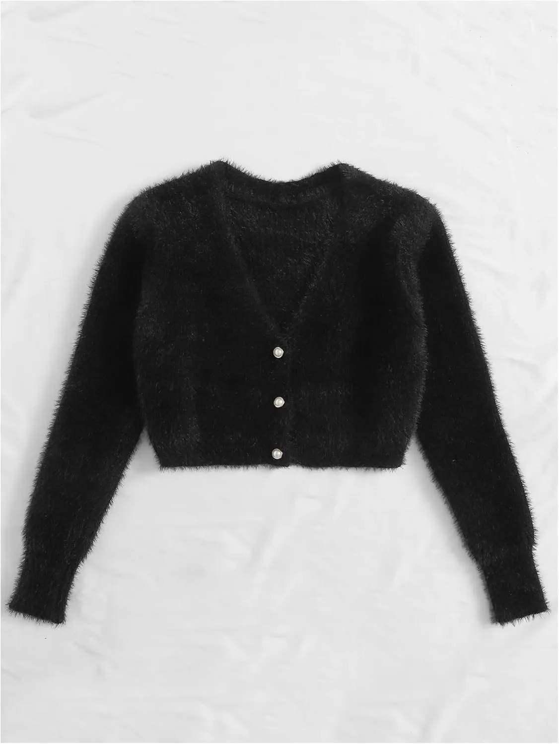 GORGLITTER Women's Open Front Cardigan Fuzzy Pearl Button Up Long Sleeve Crop Sweater Jackets Chunky Knit Cardigan