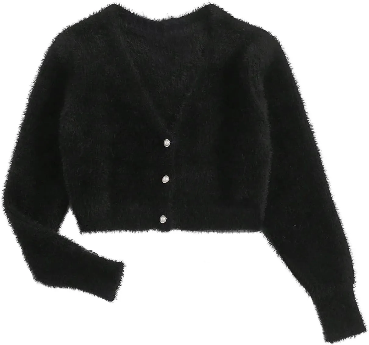 GORGLITTER Women's Open Front Cardigan Fuzzy Pearl Button Up Long Sleeve Crop Sweater Jackets Chunky Knit Cardigan