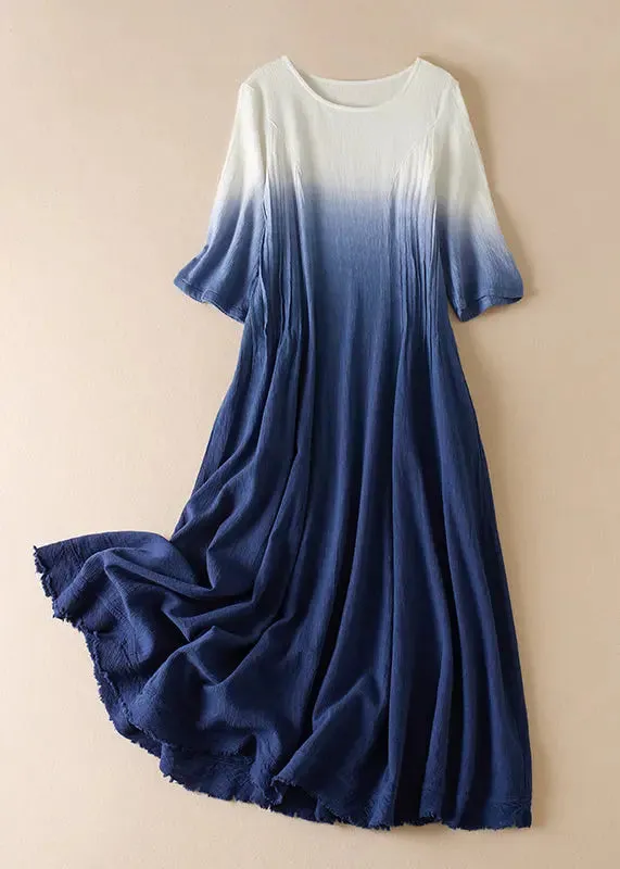 Gradient Color Blue O-Neck Wrinkled Ramie Long Dress Short Sleeve ML0832