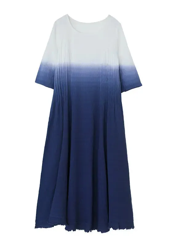 Gradient Color Blue O-Neck Wrinkled Ramie Long Dress Short Sleeve ML0832