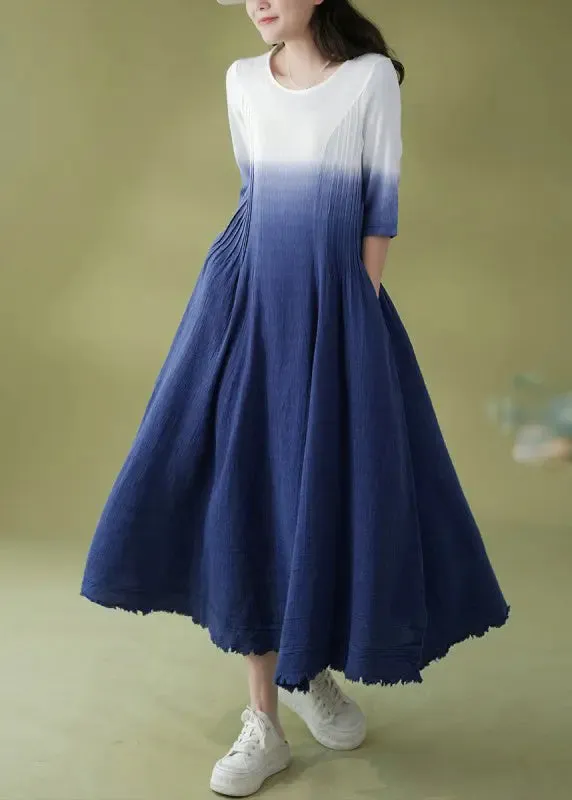 Gradient Color Blue O-Neck Wrinkled Ramie Long Dress Short Sleeve ML0832