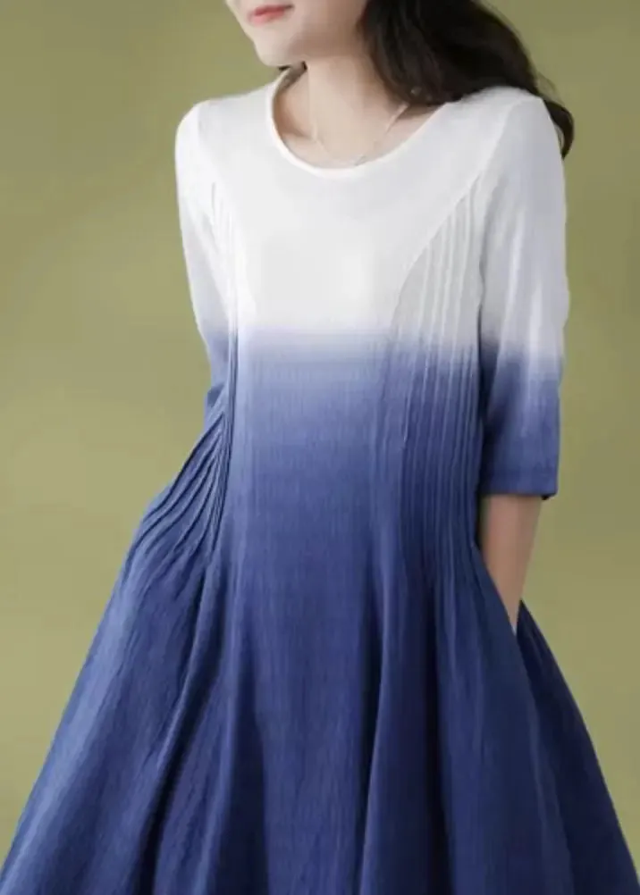 Gradient Color Blue O-Neck Wrinkled Ramie Long Dress Short Sleeve ML0832