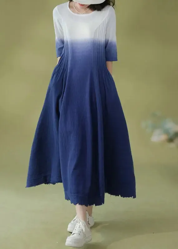Gradient Color Blue O-Neck Wrinkled Ramie Long Dress Short Sleeve ML0832