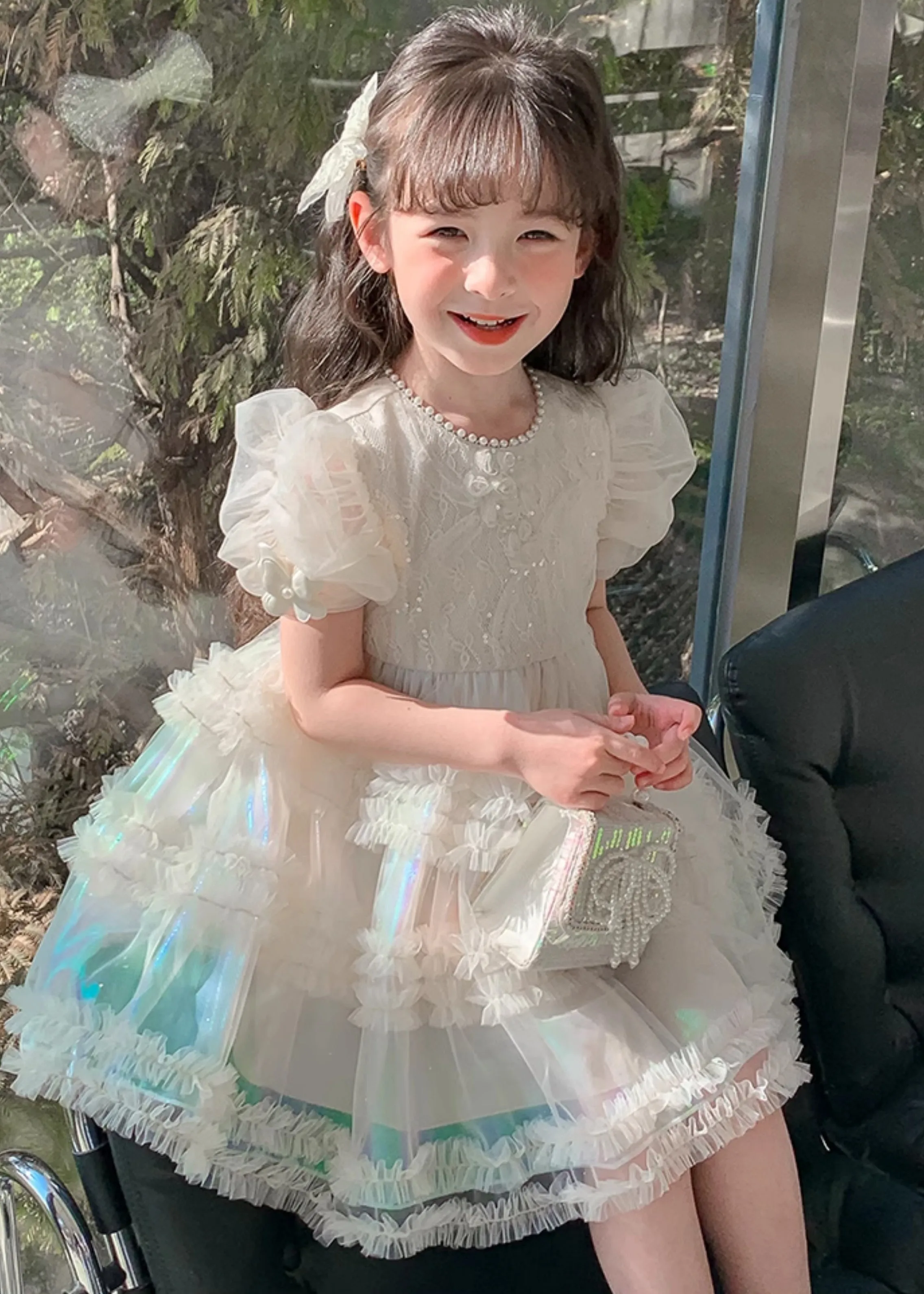 Gradient Color White Ruffled Patchwork Nail Bead Tulle Kids Long Dress Short Sleeve XZ044