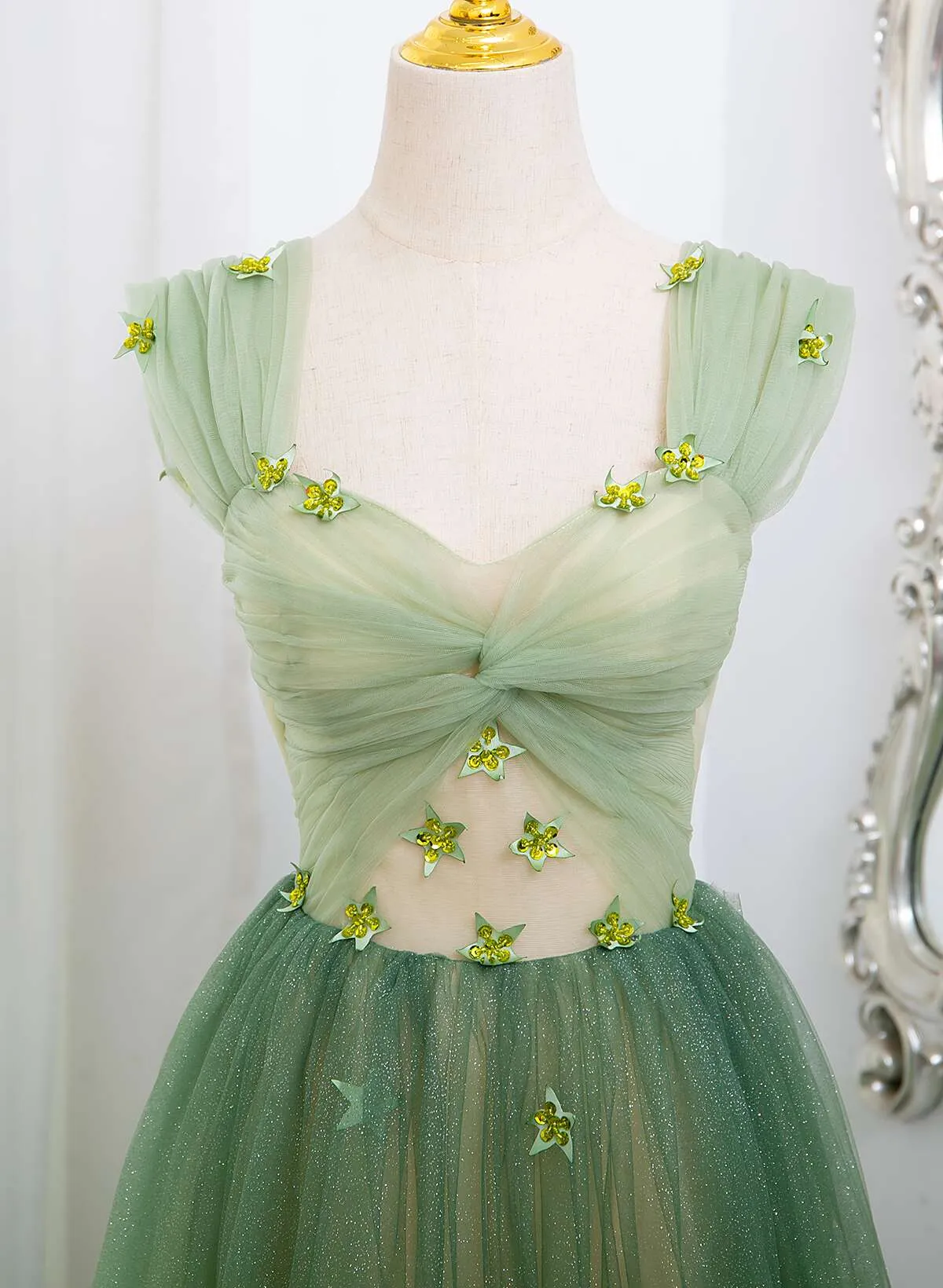Green Tulle A-line Gradient Short Sleeves Prom Dress, Green Tulle Party Dress