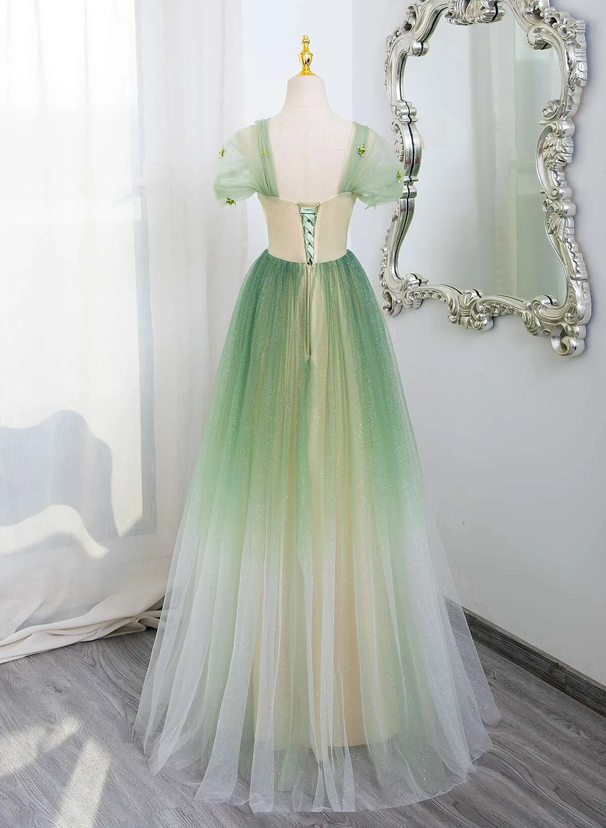 Green Tulle A-line Gradient Short Sleeves Prom Dress, Green Tulle Party Dress