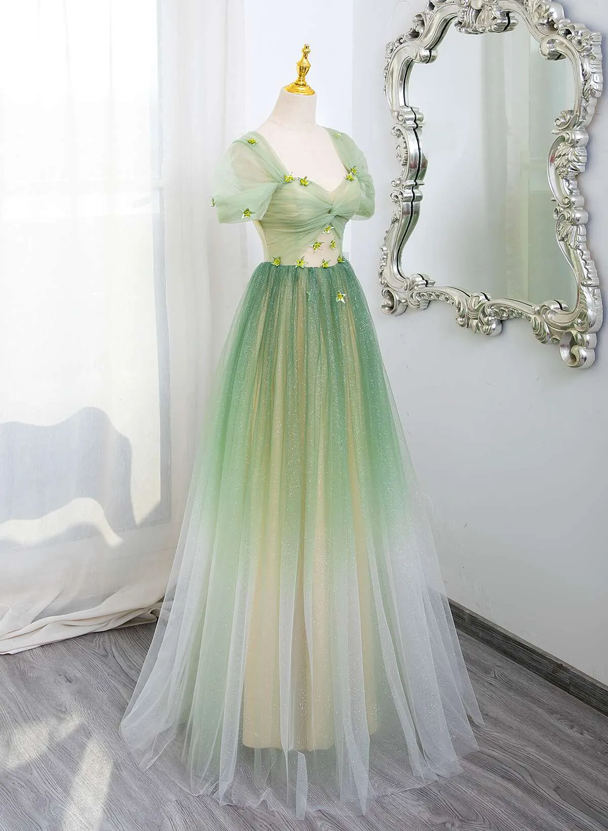 Green Tulle A-line Gradient Short Sleeves Prom Dress, Green Tulle Party Dress