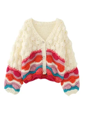 Handmade Chunky Knit Tops Women Fashion stripped Knitted Cardigan Sweater Vintage Long Sleeve Female Outwear Chic C-265