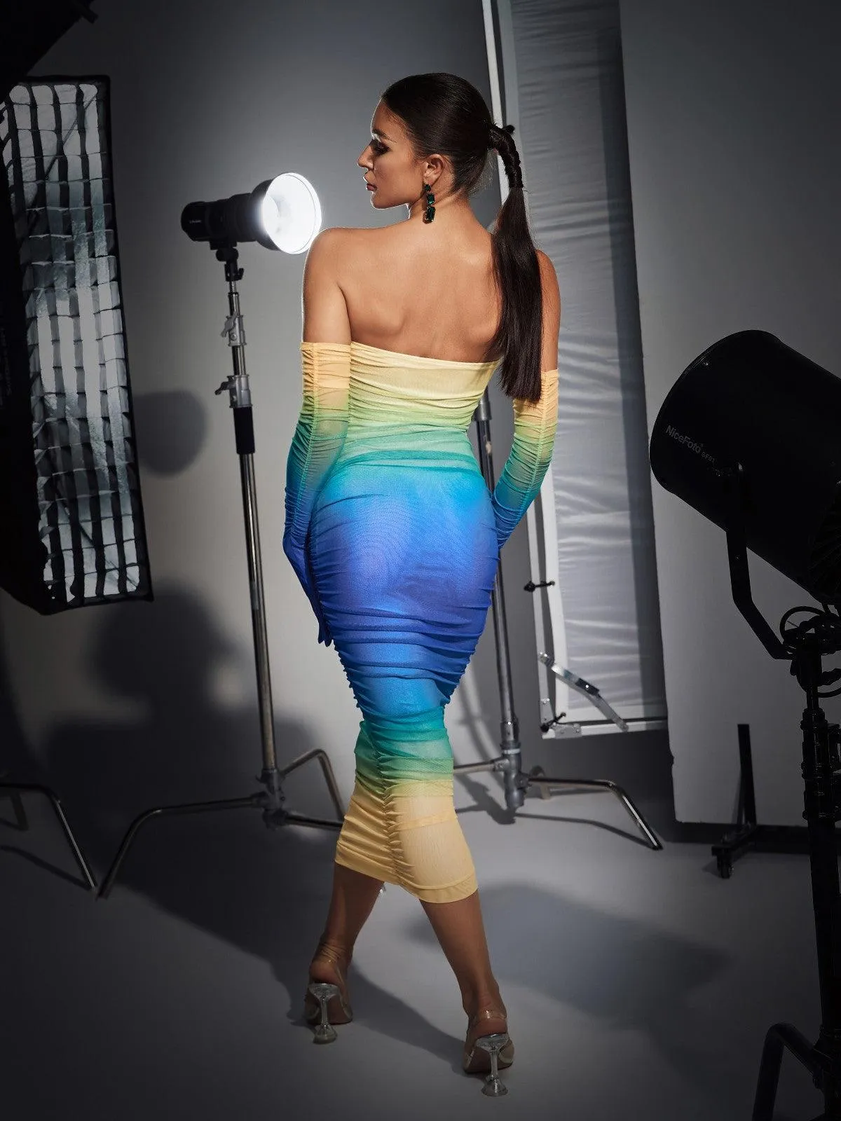 Hartford Gradient Mesh Dress With Gloves In Blue