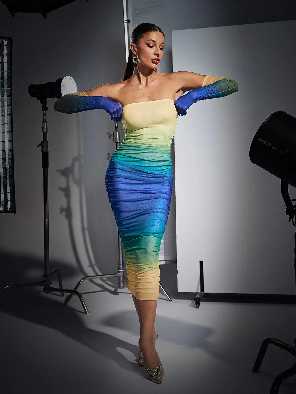 Hartford Gradient Mesh Dress With Gloves In Blue