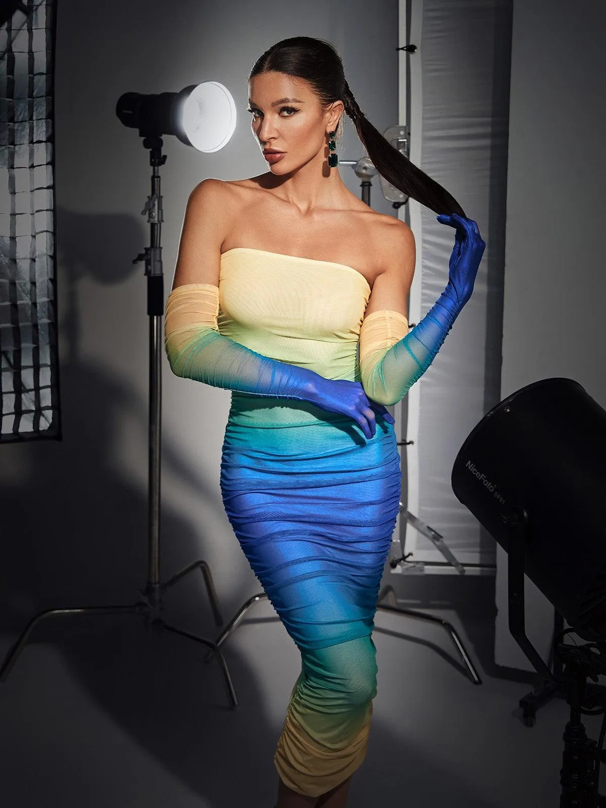 Hartford Gradient Mesh Dress With Gloves In Blue