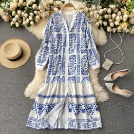 Holiday Style Printed Mid-length Loose Lotus Leaf Dress Women