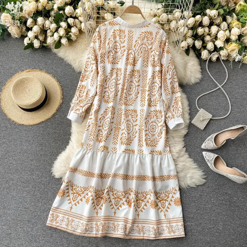 Holiday Style Printed Mid-length Loose Lotus Leaf Dress Women