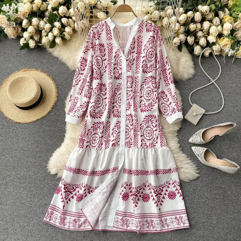 Holiday Style Printed Mid-length Loose Lotus Leaf Dress Women