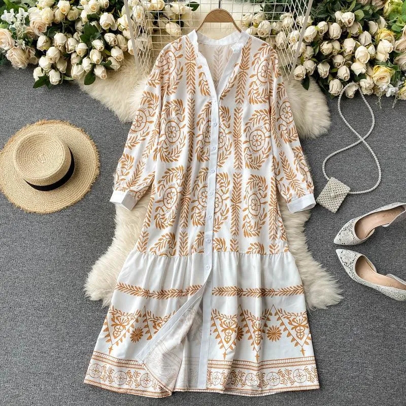 Holiday Style Printed Mid-length Loose Lotus Leaf Dress Women
