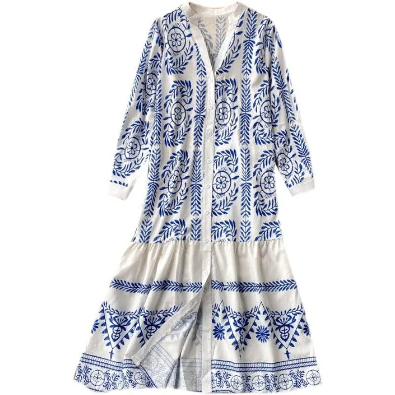 Holiday Style Printed Mid-length Loose Lotus Leaf Dress Women