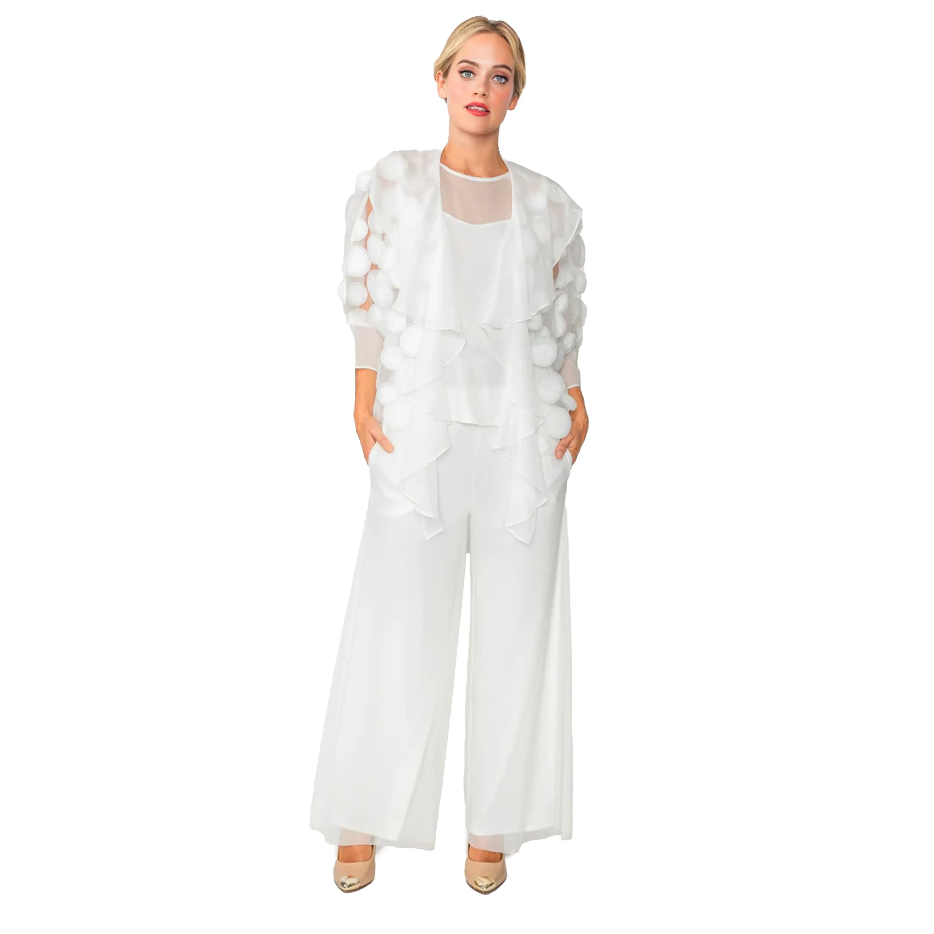 IC Collection 3D Polka Dot Draped Cardigan in White - 4695J-WT