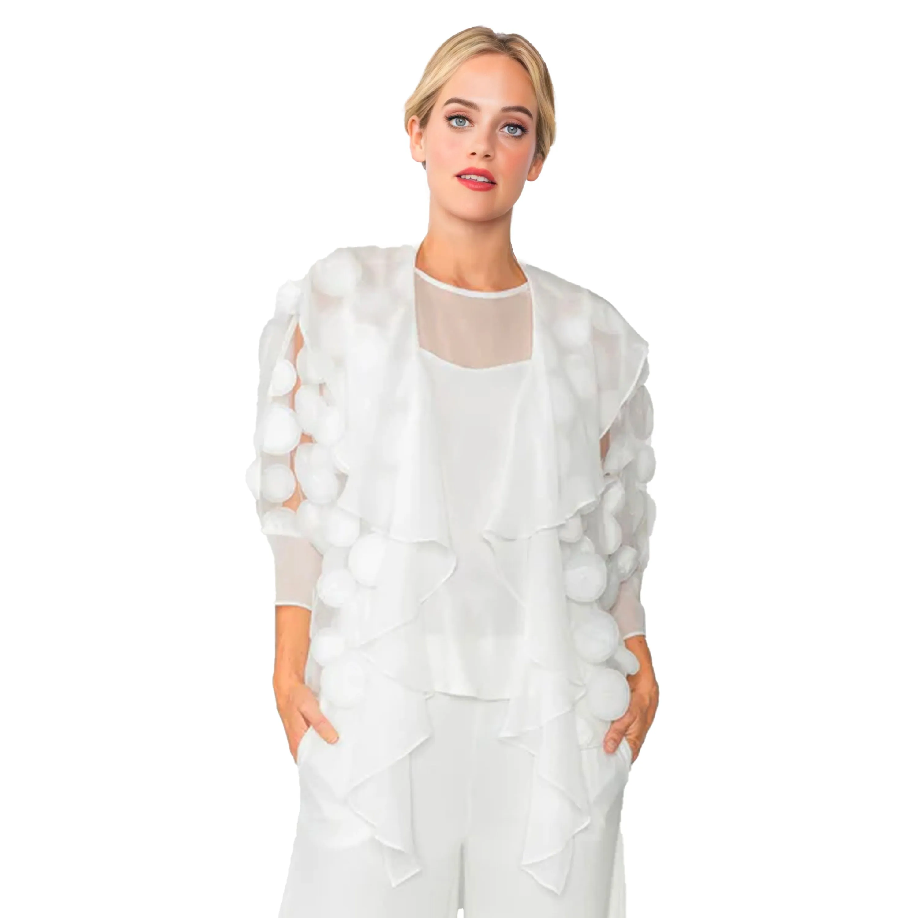 IC Collection 3D Polka Dot Draped Cardigan in White - 4695J-WT