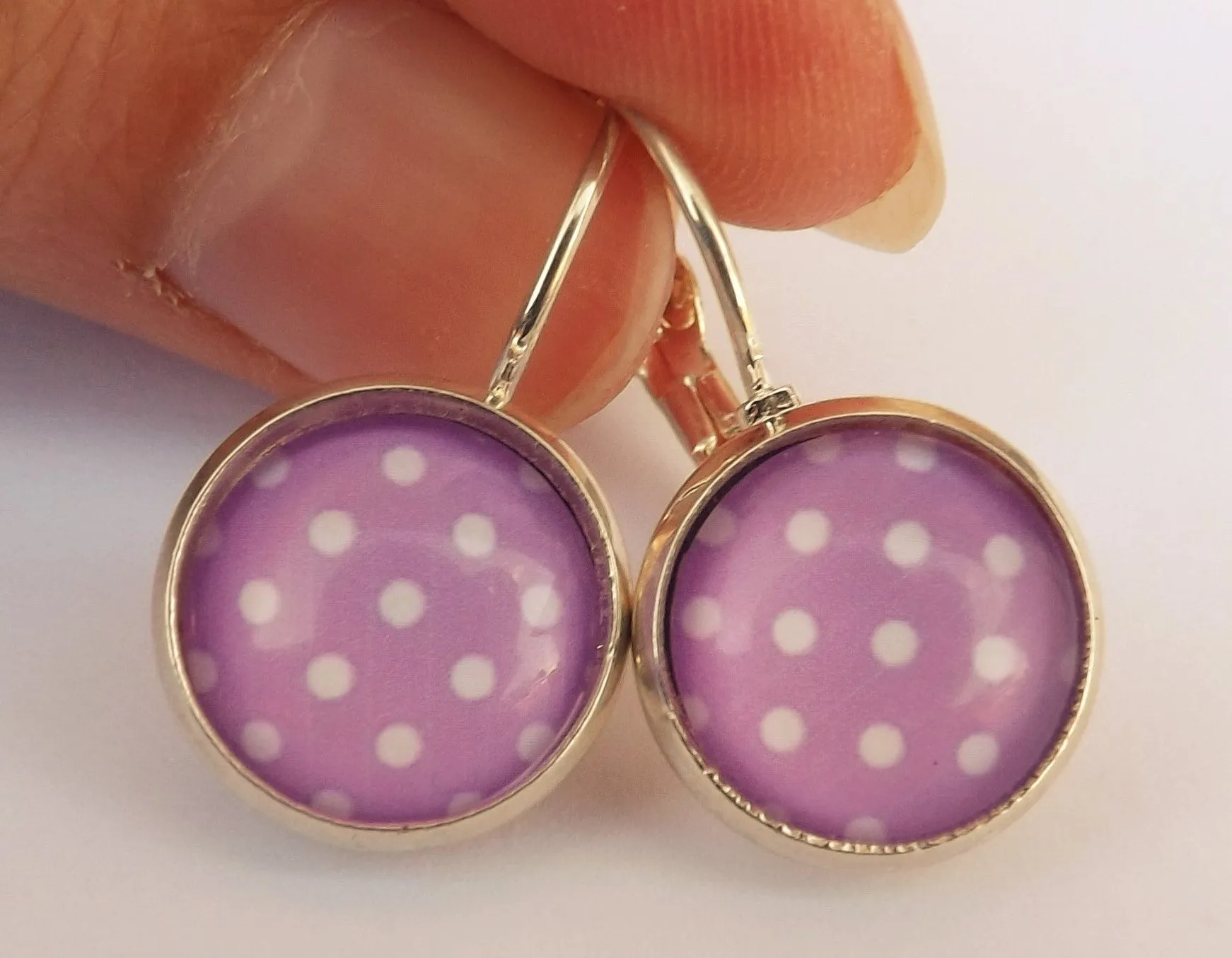 Lilac Purple & White Polka Dots - Dome Earrings on Lever back hooks