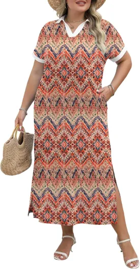 LOMON Women's Casual Vacation Dresses Striped Maxi Cruise Outfits Pocket Long Dress Summer Short Sleeve Split Dresses