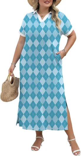 LOMON Women's Casual Vacation Dresses Striped Maxi Cruise Outfits Pocket Long Dress Summer Short Sleeve Split Dresses