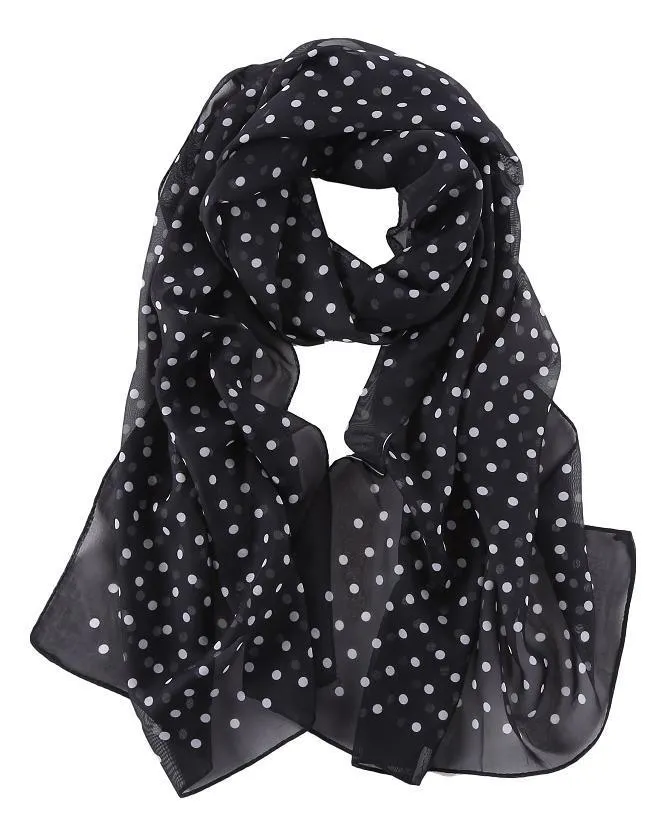 Long Sheer Chiffon Scarf Black Theme Polka Dot Print CHL425