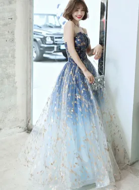 Lovely Blue Graident Tulle Floor Length Party Dress, Blue Tulle Prom Dresses