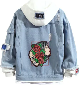 Lpstop Skull Rose Denim Hoodie Skull Print Jacket Rose Flower Hoodie Denim Jacket for Women Men