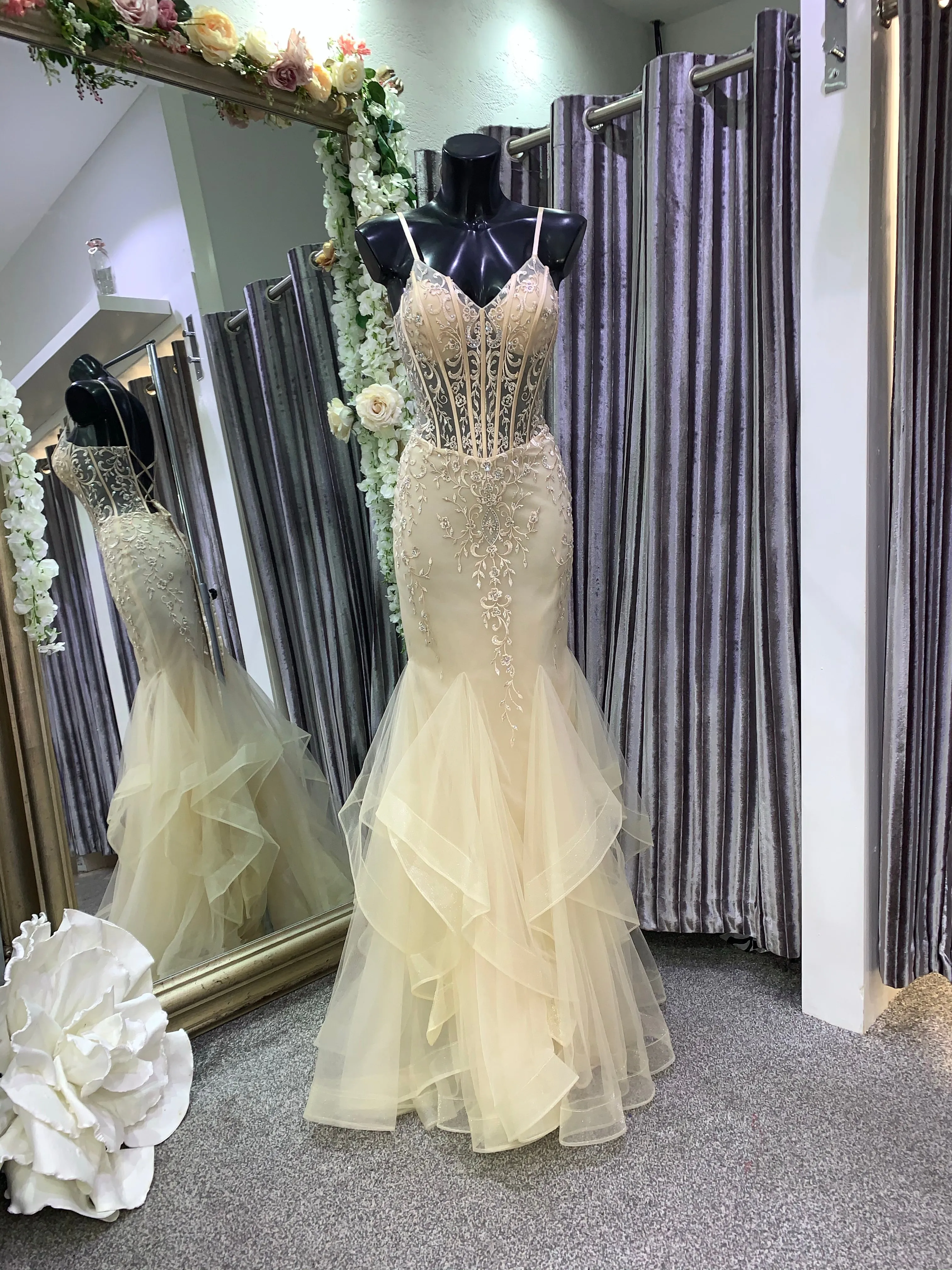 Lulu champagne & diamanté fishtail prom dress