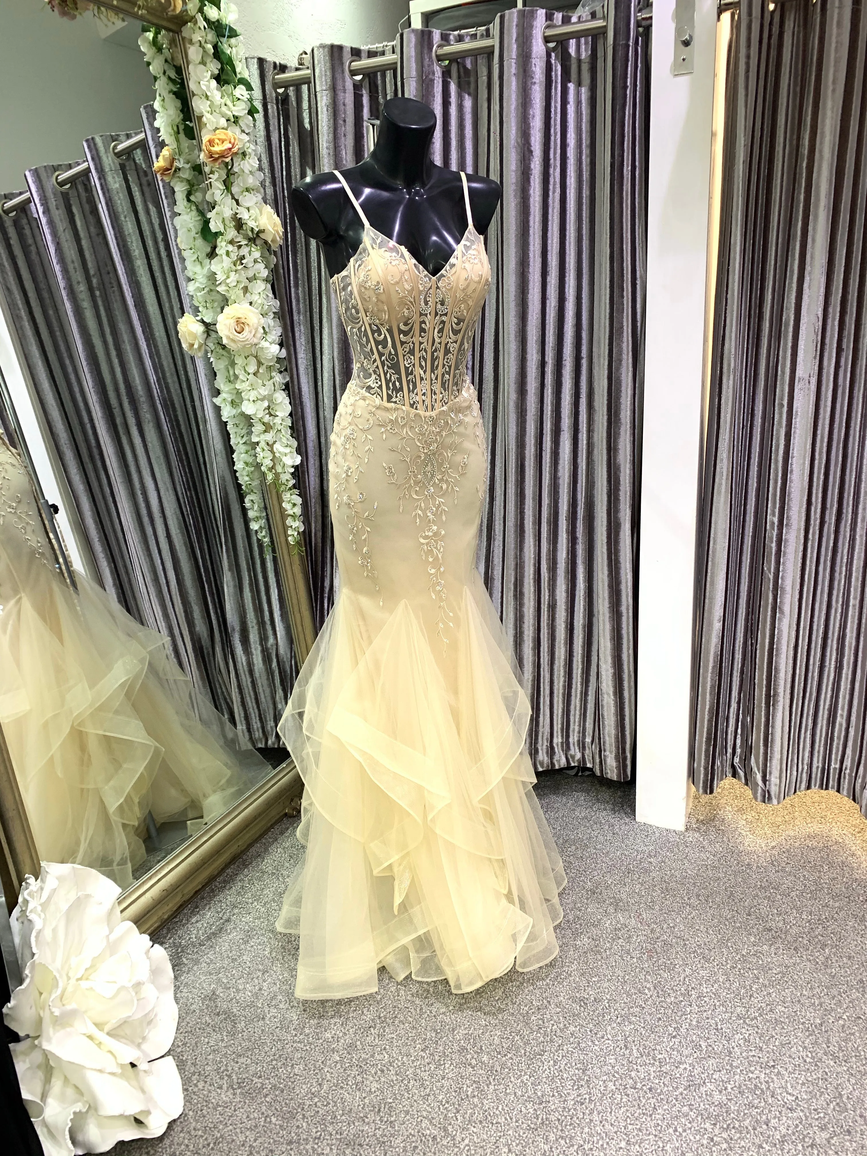 Lulu champagne & diamanté fishtail prom dress