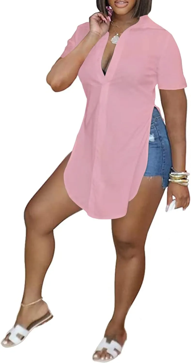 LYANER Women's Collar V Neck Button Down Slit Hem Short Sleeve Blouse Long Shirt Top