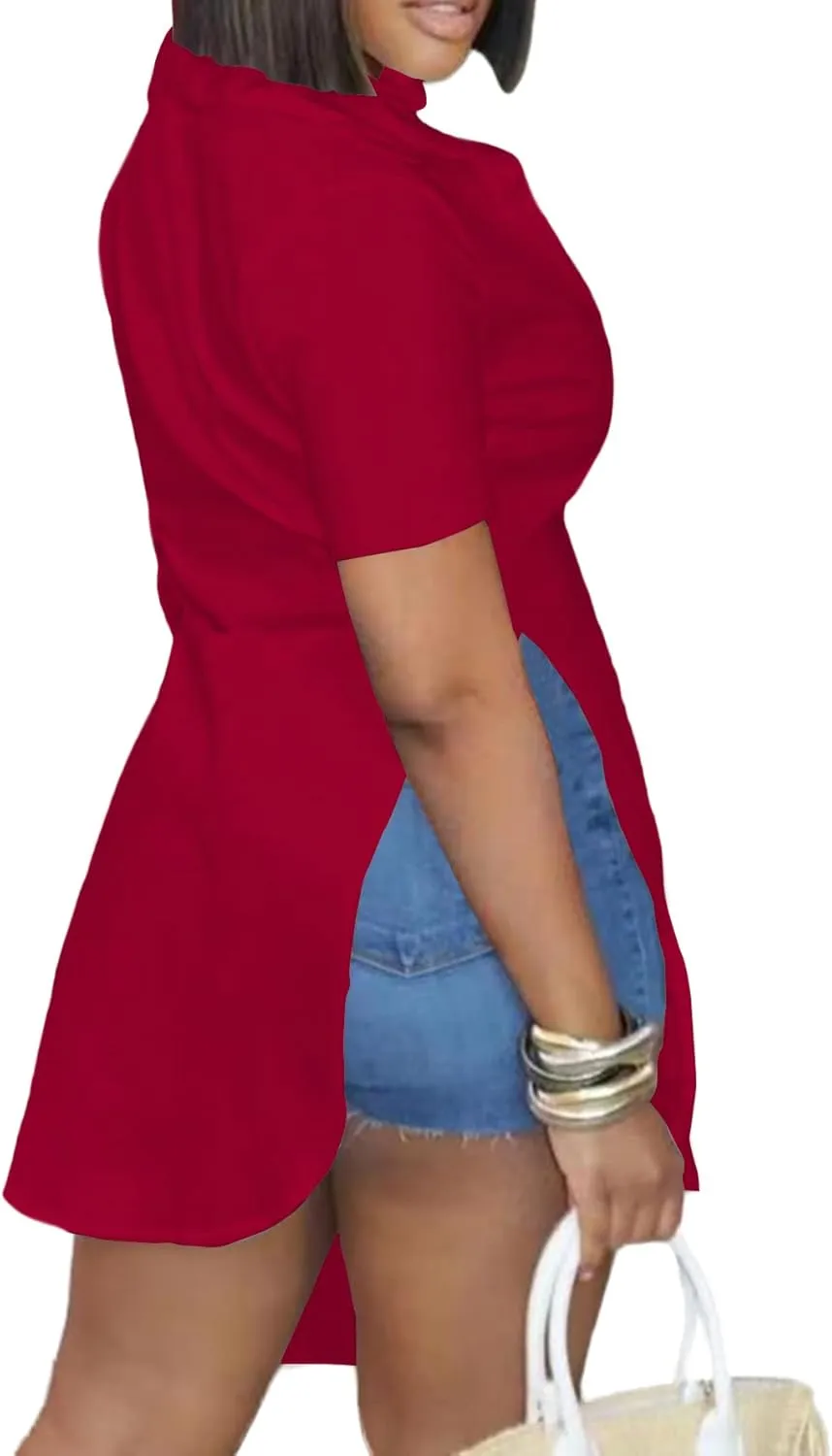 LYANER Women's Collar V Neck Button Down Slit Hem Short Sleeve Blouse Long Shirt Top