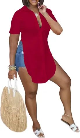 LYANER Women's Collar V Neck Button Down Slit Hem Short Sleeve Blouse Long Shirt Top