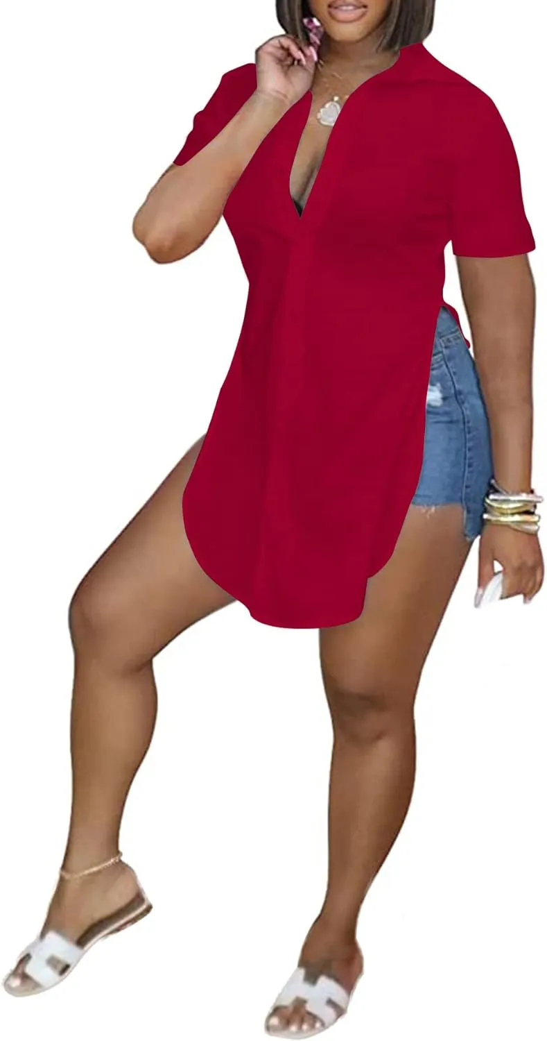 LYANER Women's Collar V Neck Button Down Slit Hem Short Sleeve Blouse Long Shirt Top