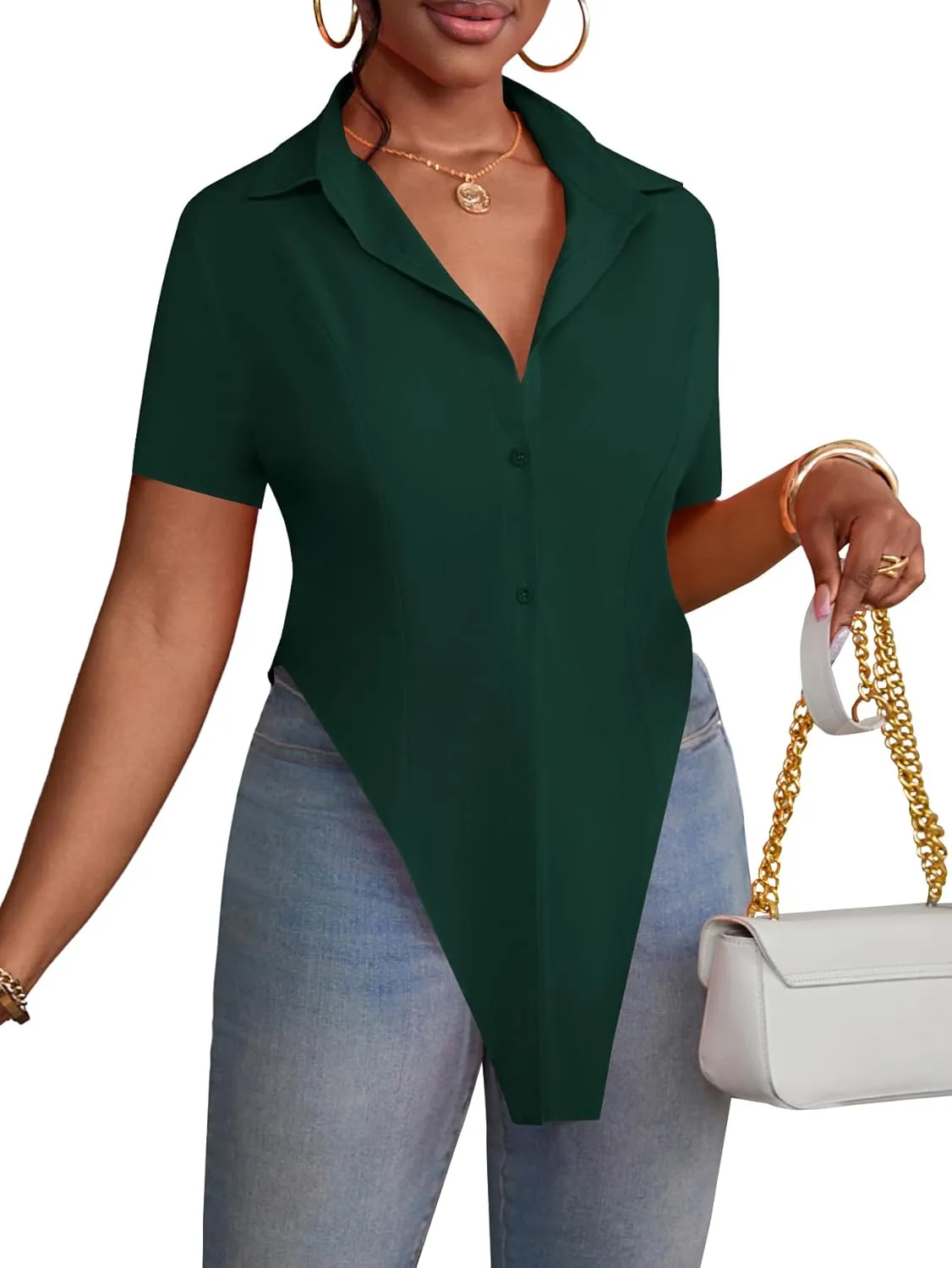 LYANER Women's Collar V Neck Button Front Short Sleeve Slit Hem Long Shirt Blouse Top